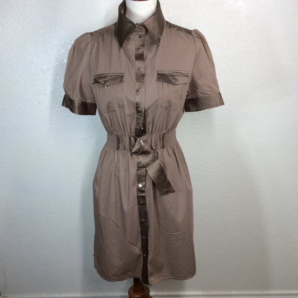 Vertigo Paris Taupe Belted Midi Dress - READ